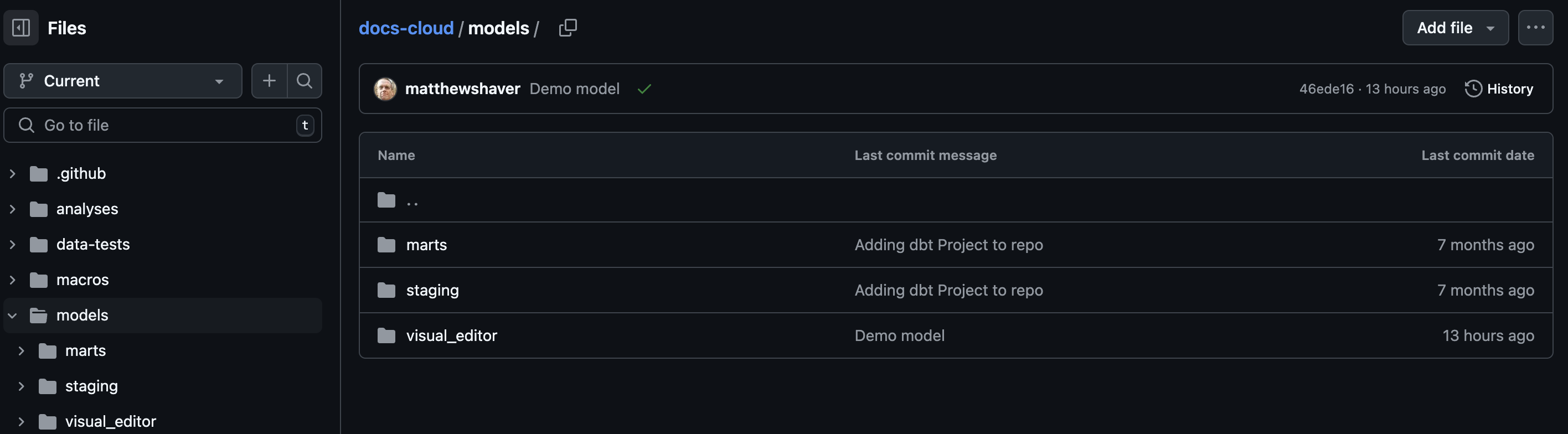 Example of the Visual Editors model path in GitHub.